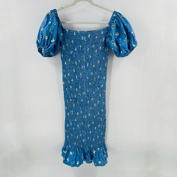 Never Fully Dressed Blue Smocked Puff Sleeve Midi Dress Floral Ruffle Hem 12 - Picture 2 of 10